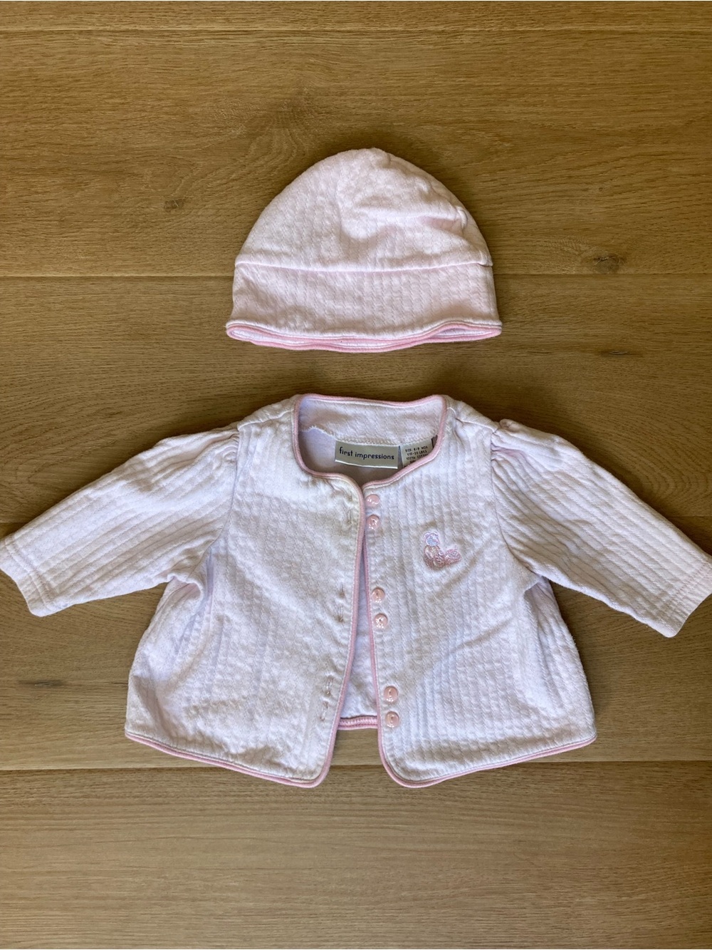 First Impressions Vintage Light Pink Quilted Baby Cardigan Jacket & Hat Set